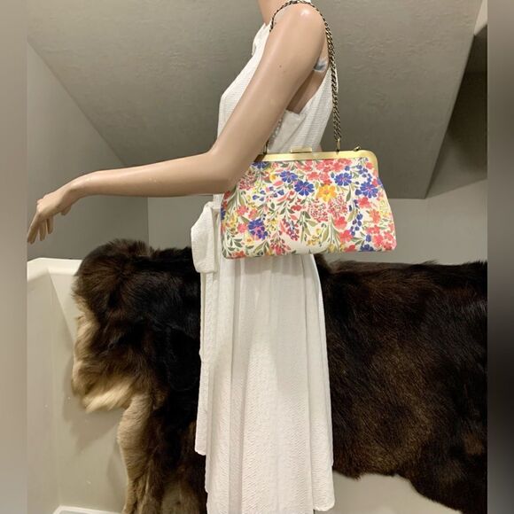 Handmade Genuine Nubuck Calfskin Floral Print Push-lock Bag & 2 Chains Style - Picture 2 of 16